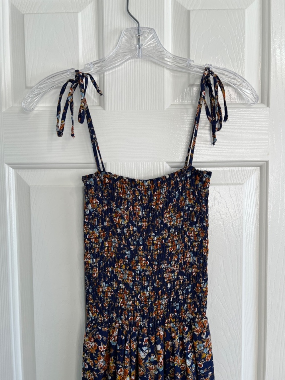 Blue Life smocked jumpsuit navy ditzy floral wide tiered flare legs XS - Picture 4 of 7